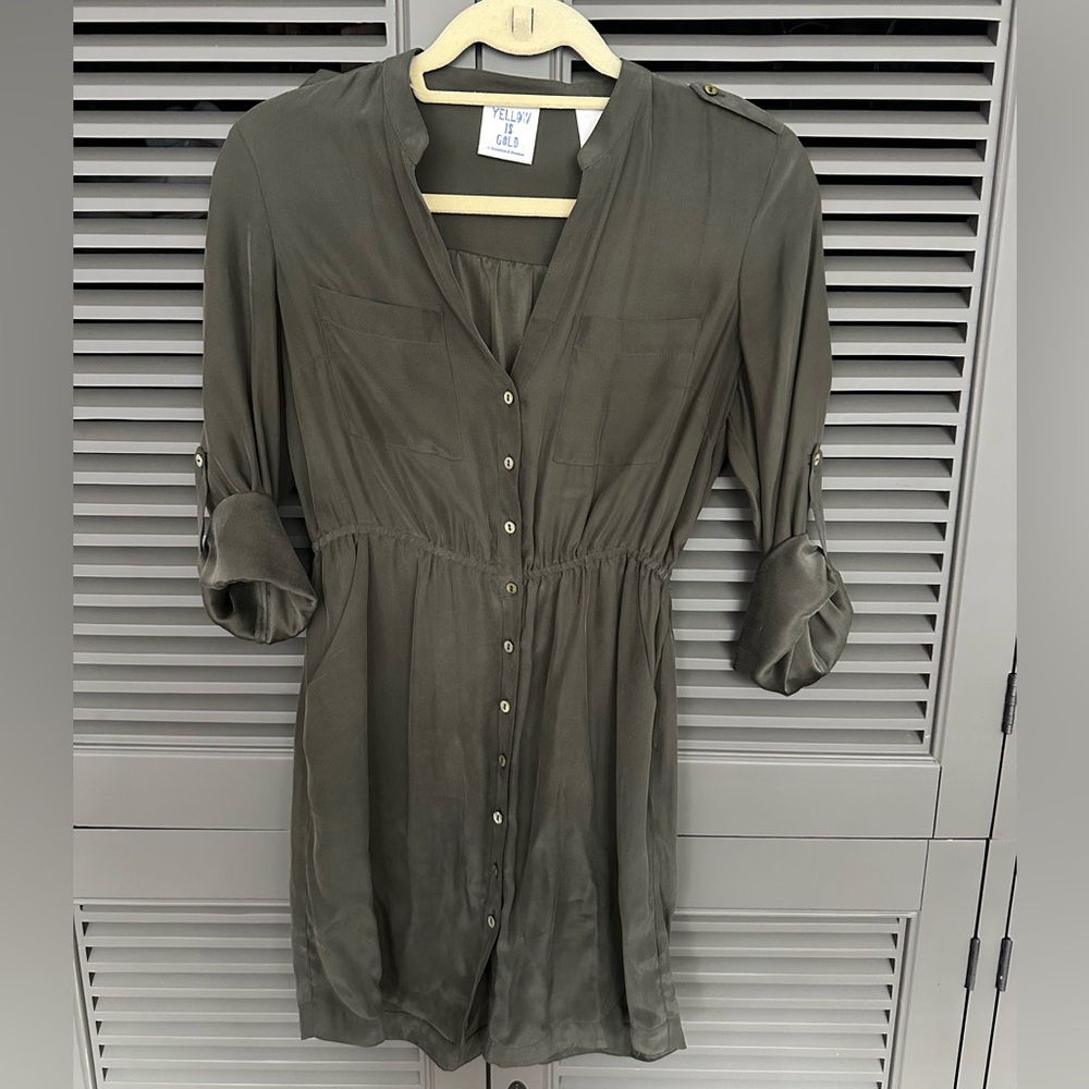 Yellow Is Gold By Sunshine & Shadow Women Green 100% Silk Casual Dress Small